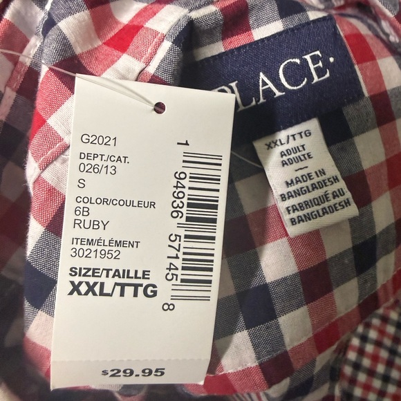 NWT The Children’s Place ADULT XXL Red Navy Check Button Down Shirt - Picture 3 of 3